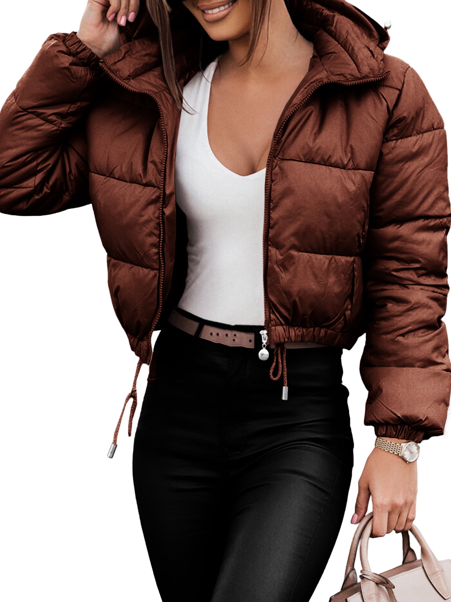 Amiliee Womens Quilted Puffer Jacket Long Sleeve Hood Full Zip Outerwear Puffy Coats Jacket With 