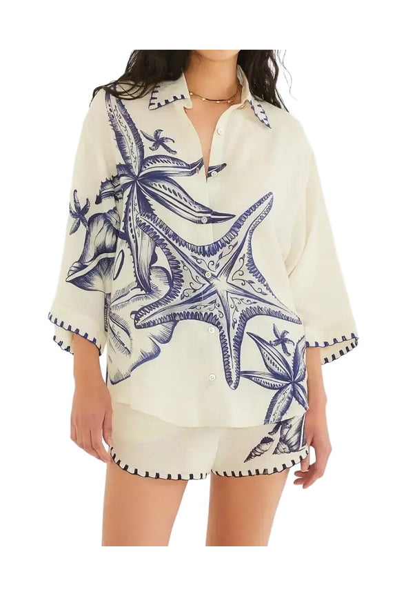 womens 2pc Linen-Blend Shirt & Short Set, 8