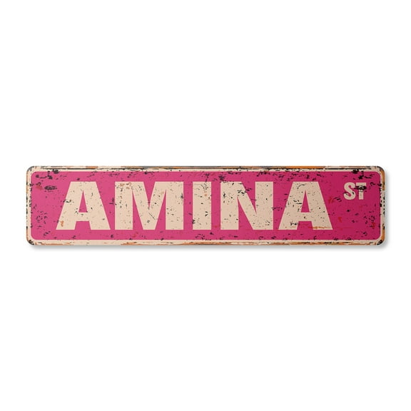 AMINA Vintage Aluminum Street Sign Childrens Name Room Metal Sign rustic metal tin | Indoor/Outdoor | 24" Wide