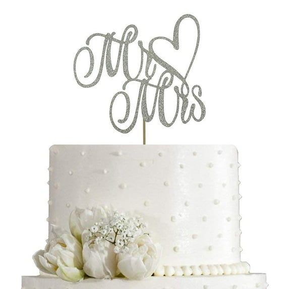 AMINJIE Silver Glitter Mr and Mrs Cake Topper - Wedding, Engagement, Wedding Anniversary Cake Toppers Decorations