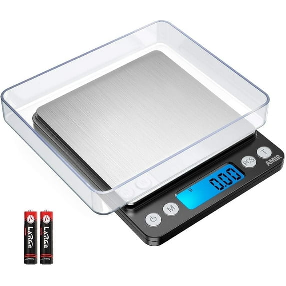 Kitchen Scale, AMIR 0.01g/500g Back-Lit LCD Display 2 Trays Digital Scale for Cooking Baking Medcine Black