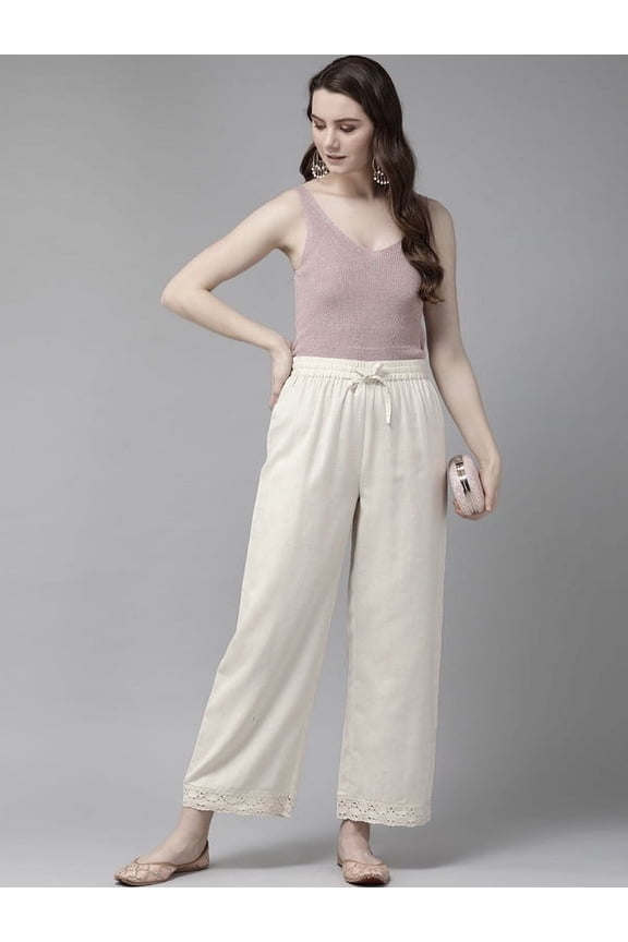 AMIRA'S INDIA ETHNIC WEAR Womens Cotton Flax Solid Straight Palazzo (Navy-Blue)