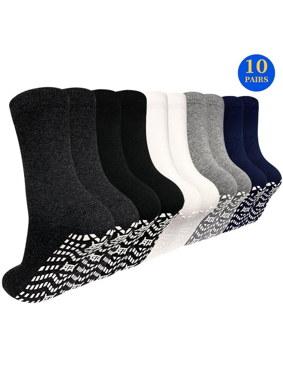 10 Pairs Non Slip Grip Socks - Ideal for Yoga, Pilates, Hospital Use - Men & Women's Crew Sticky Gripper Socks (Size 11-13)