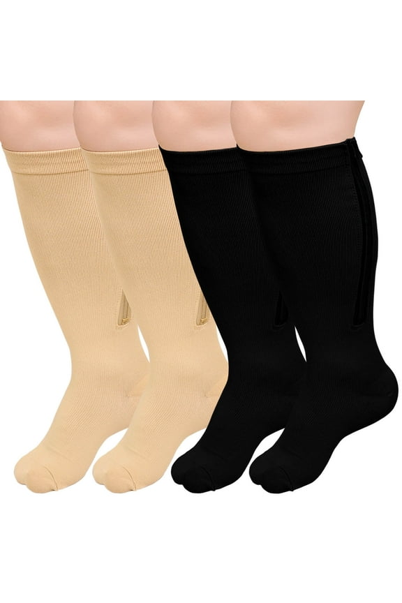 2 Pairs Plus Size Compression Socks with Zipper for Men & Women Wide Calf- 20-30 MmHg Comfortable and Easy to Wear