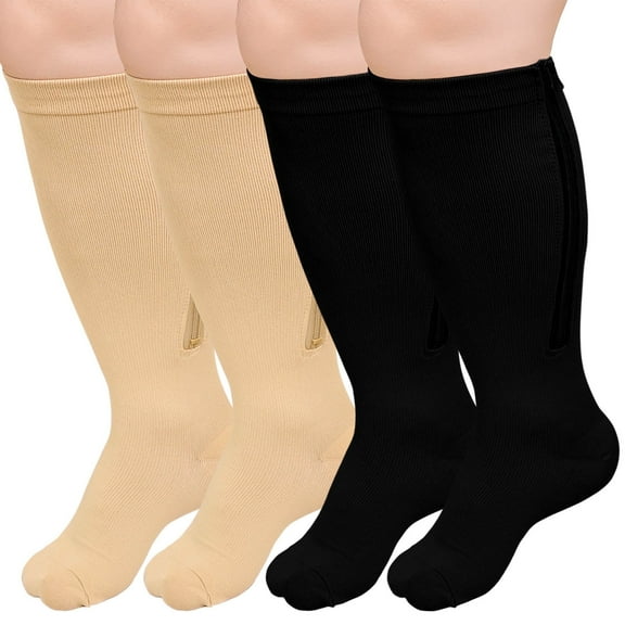 AMITOFO 2 Pairs Plus Size Compression Socks with Zipper for Men & Women Wide Calf- 20-30 MmHg Comfortable and Easy to Wear