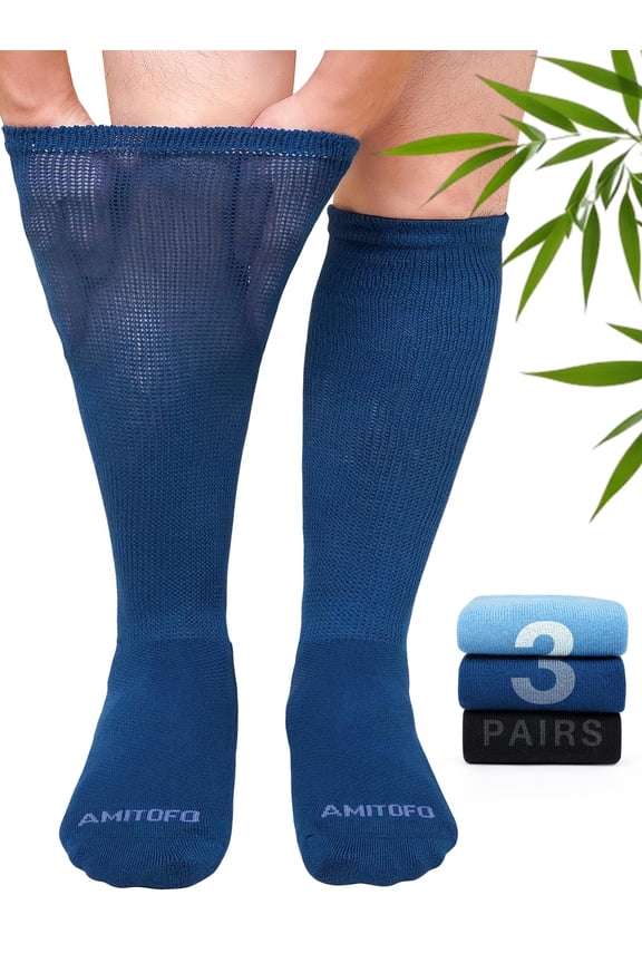 3 Pairs Bamboo Viscose Diabetic Socks for Men & Women – Extra Wide Loose Top Knee High Socks for Swollen Feet, Edema Relief, Black or Multicolor，Wide Calves – M/L