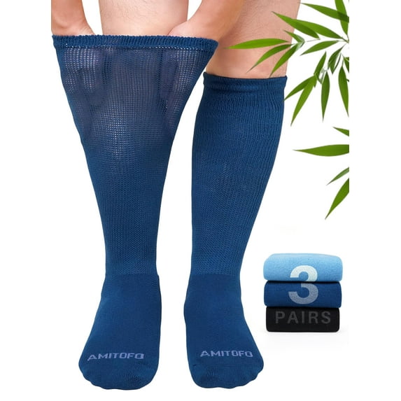 AMITOFO 3 Pairs Bamboo Viscose Diabetic Socks for Men & Women – Extra Wide Loose Top Knee High Socks for Swollen Feet, Edema Relief, Black or Multicolor,Wide Calves – M/L