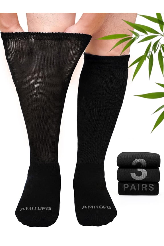 3 Pairs Bamboo Viscose Diabetic Socks for Men & Women – Extra Wide Loose Top Knee High Socks for Swollen Feet, Edema Relief, Black or Multicolor，Wide Calves – M/L