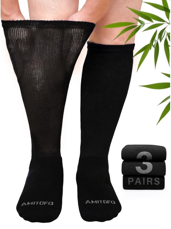 3 Pairs Bamboo Viscose Diabetic Socks for Men & Women – Extra Wide Loose Top Knee High Socks for Swollen Feet, Edema Relief, Black or Multicolor,Wide Calves – M/L
