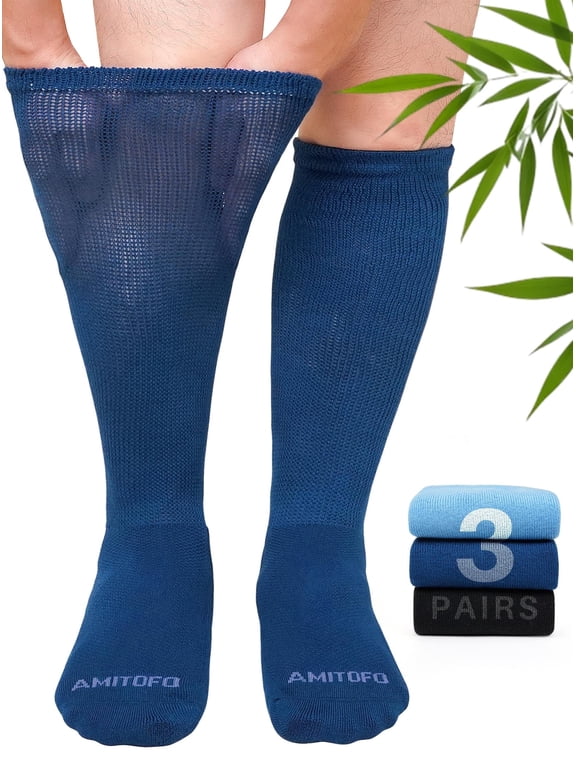 Knee High Bamboo Viscose Diabetic-Friendly Comfort Socks for Men, Extra Wide Non-Binding Loose Top Soft Breathable for Women Sensitive Feet Wide Calves, Multicolor, Size 11-13
