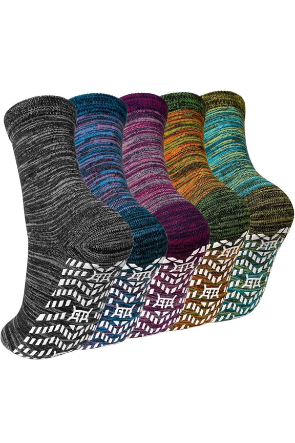 5 Pairs Non Slip Grip Socks - Ideal for Yoga, Pilates, Hospital Use - Men & Women's Crew Sticky Gripper Socks (Size 11-13)