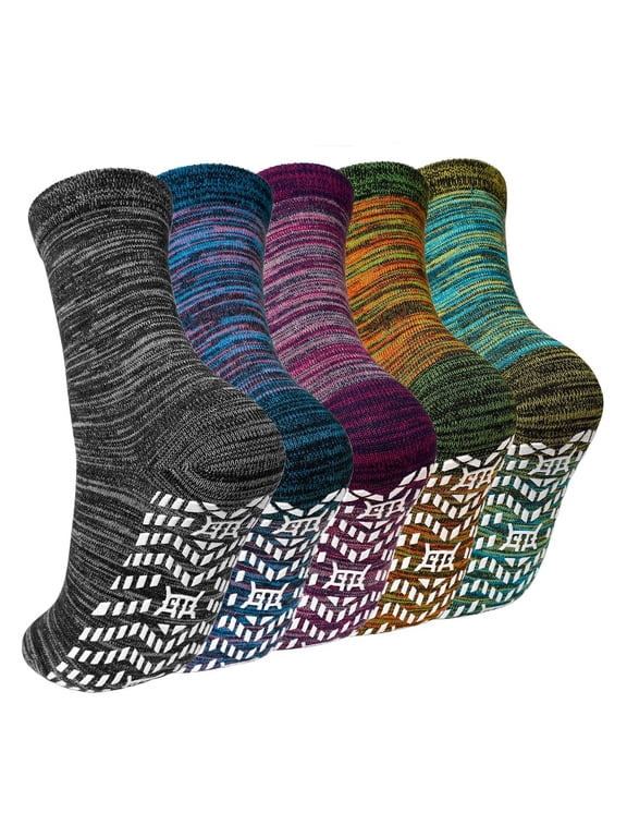 5 Pairs Non Slip Grip Socks - Ideal for Yoga, Pilates, Hospital Use - Men & Women's Crew Sticky Gripper Socks (Size 11-13)