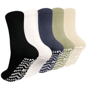 AMITOFO 5 Pairs Non Slip Grip Socks - Ideal for Yoga, Pilates, Hospital Use - Men & Womens Crew Sticky Gripper Socks Size 9-11
