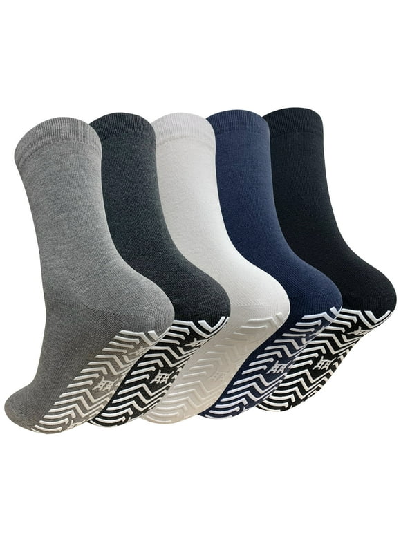 5 Pairs Non Slip Grip Socks - Non Skid Socks Ideal for Yoga, Pilates, Hospital Use - Men & Women's Crew Sticky Gripper Socks (Size 10-13)