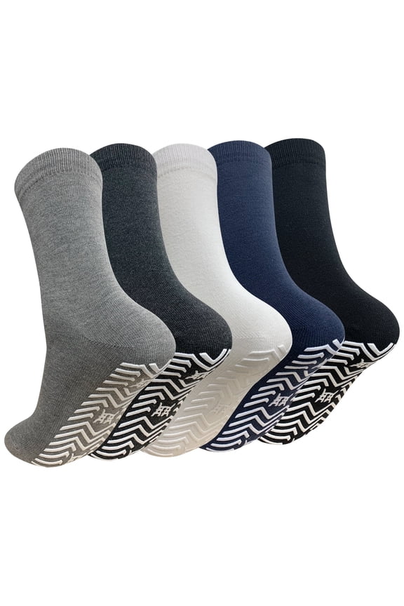 5 Pairs Non Slip Grip Socks - Non Skid Socks Ideal for Yoga, Pilates, Hospital Use - Men & Women's Crew Sticky Gripper Socks (Size 10-13)