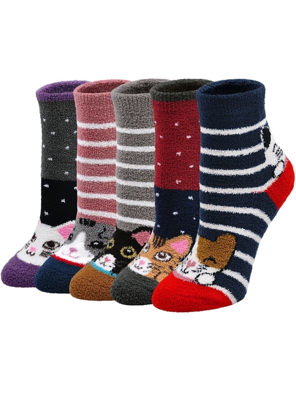 5 Pairs Women Fuzzy Socks Cute Cat Pattern Cozy Plush Sleeping Slipper Socks Winter Warm Soft Fluffy Crew Socks