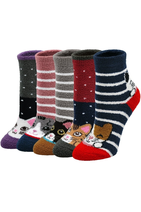 5 Pairs Women Fuzzy Socks Cute Cat Pattern Cozy Plush Sleeping Slipper Socks Winter Warm Soft Fluffy Crew Socks