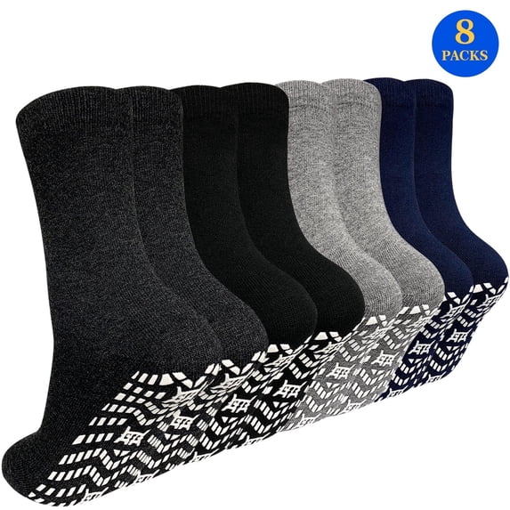 AMITOFO 8 Pairs Non Slip Grip Socks - Ideal for Yoga, Pilates, Hospital Use - Men & Women's Crew Sticky Gripper Socks (Size 9-11)