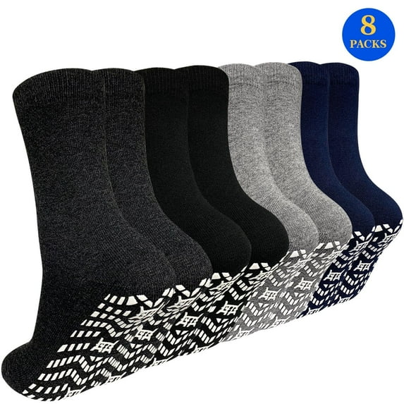 AMITOFO 8 Pairs Non Slip Grip Socks - Ideal for Yoga, Pilates, Hospital Use - Men & Women's Crew Sticky Gripper Socks (Size 9-11)