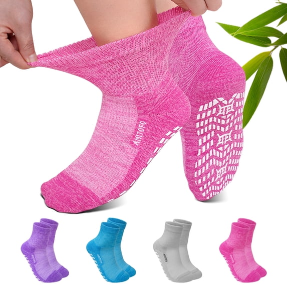 AMITOFO Bamboo Viscose Ankle Diabetic Socks for Men and Women, 4 Pair Non Binding Seamless Toe Slipper Socks with Non Slip Grippers for Women Wide Calf