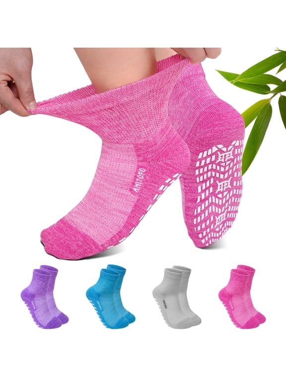 Bamboo Viscose Ankle Diabetic Socks for Men and Women, 4 Pair Non Binding Seamless Toe Slipper Socks with Non Slip Grippers for Women Wide Calf