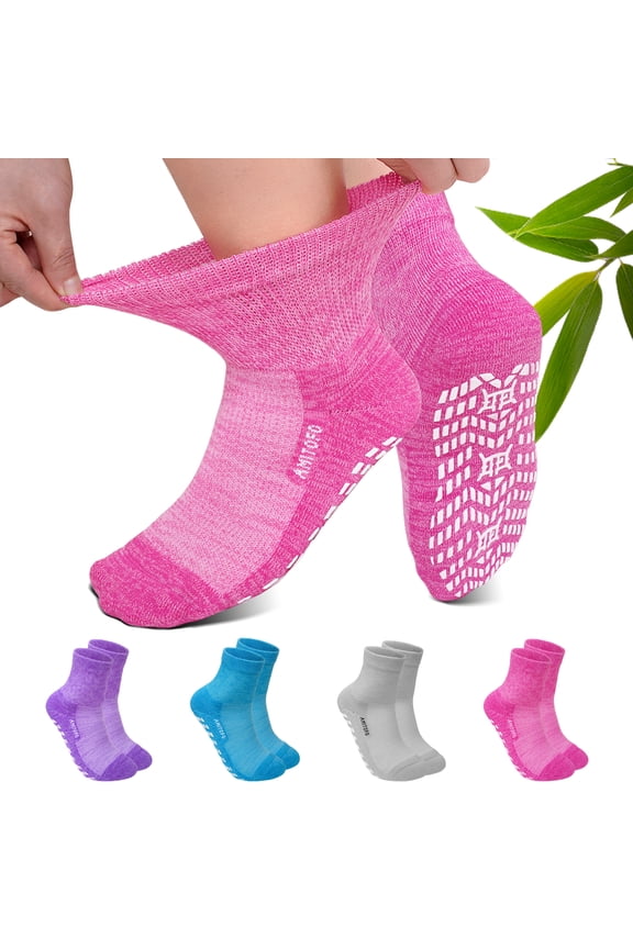 Bamboo Viscose Ankle Diabetic Socks for Men and Women, 4 Pair Non Binding Seamless Toe Slipper Socks with Non Slip Grippers for Women Wide Calf