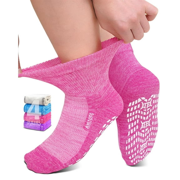 AMITOFO Bamboo Viscose Ankle Diabetic Socks for Men and Women, 4 Pair Non Binding Seamless Toe Slipper Socks with Non Slip Grippers for Women Wide Calf