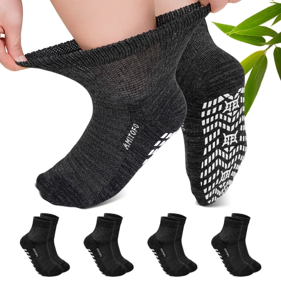 AMITOFO Bamboo Viscose Ankle Diabetic Socks for Men and Women, 4 Pair Non Binding Seamless Toe Slipper Socks with Non Slip Grippers for Women Wide Calf