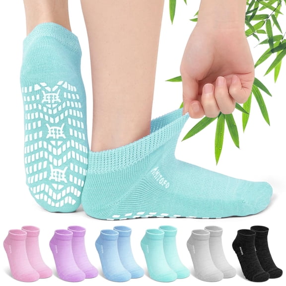 AMITOFO Bamboo Viscose Ankle Diabetic Socks for Women , 6 Pair Loose Fitting Non-Binding Top, Breathable Moisture-Wicking Socks with Cushioned Sole, Seamless Toe and Non-Slip Grips