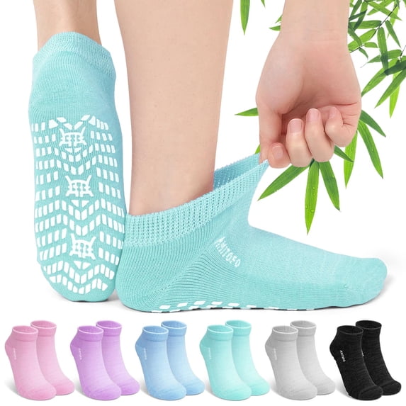 AMITOFO Bamboo Viscose Ankle Diabetic Socks for Women , 6 Pair Loose Fitting Non-Binding Top, Breathable Moisture-Wicking Socks with Cushioned Sole, Seamless Toe and Non-Slip Grips
