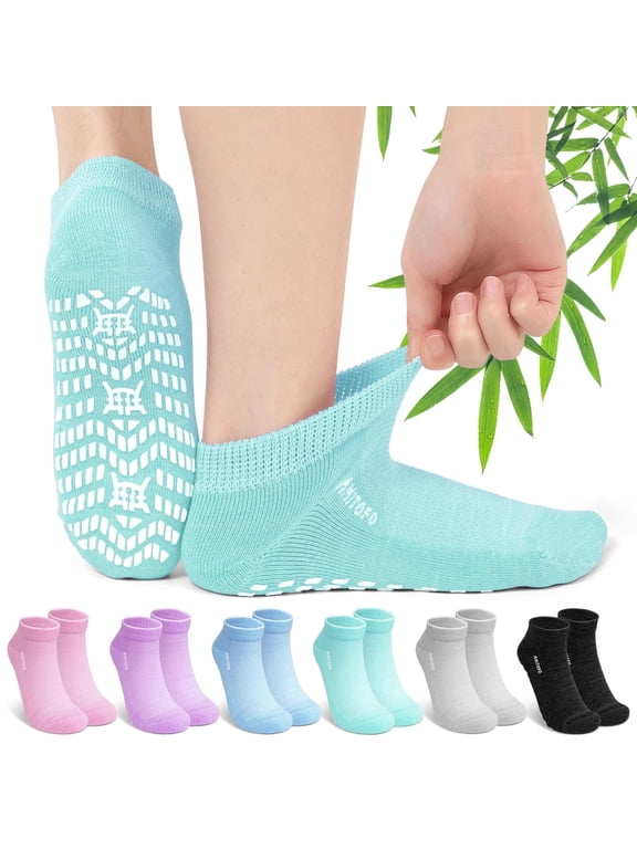 Bamboo Viscose Ankle Diabetic Socks for Women , 6 Pair Loose Fitting Non-Binding Top, Breathable Moisture-Wicking Socks with Cushioned Sole, Seamless Toe and Non-Slip Grips