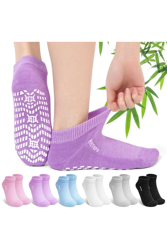 Bamboo Viscose Ankle Diabetic Socks for Women , 6 Pair Loose Fitting Non-Binding Top, Breathable Moisture-Wicking Socks with Cushioned Sole, Seamless Toe and Non-Slip Grips