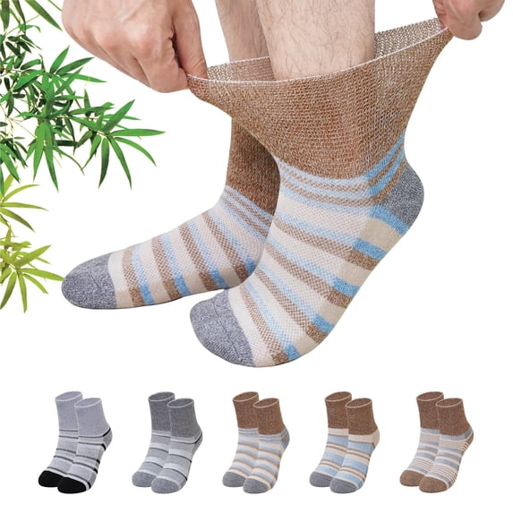AMITOFO Bamboo Viscose Diabetic Socks for Men—Striped Non Binding Moisture Wicking Ankle Socks, Wide Open Top& Seamless Toe, 5 Pairs