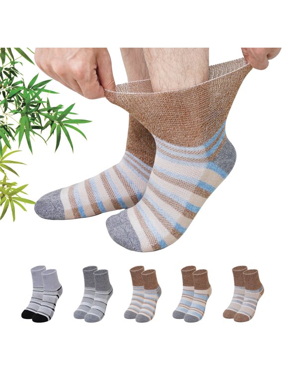 Bamboo Viscose Diabetic Socks for Men—Striped Non Binding Moisture Wicking Ankle Socks, Wide Open Top& Seamless Toe, 5 Pairs