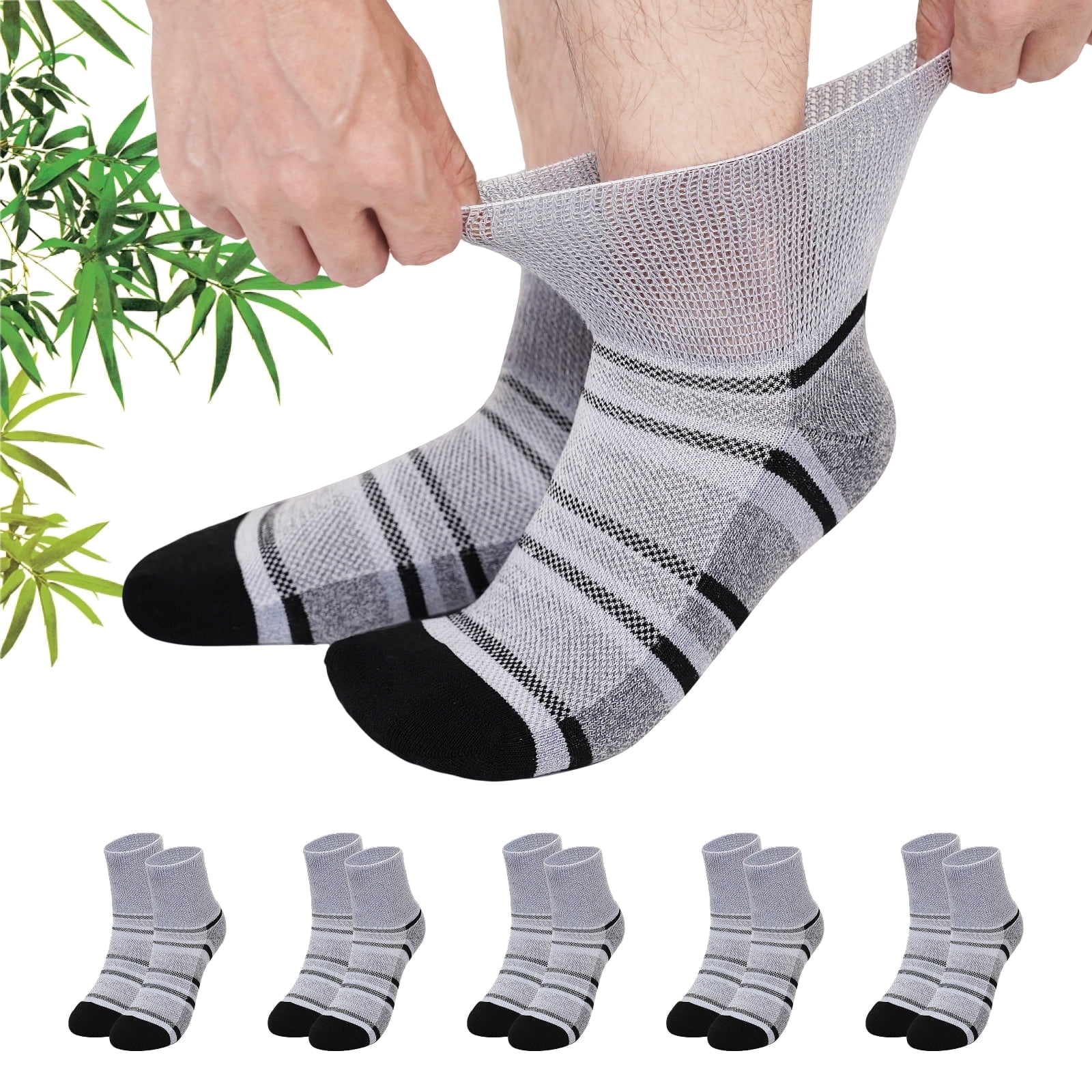 AMITOFO Bamboo Viscose Diabetic Socks for Men—Striped Non Binding Moisture Wicking Ankle Socks, Wide Open Top& Seamless, 5 Pairs