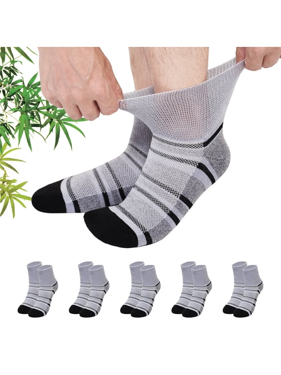 Bamboo Viscose Diabetic Socks for Men—Striped Non Binding Moisture Wicking Ankle Socks, Wide Open Top& Seamless, 5 Pairs
