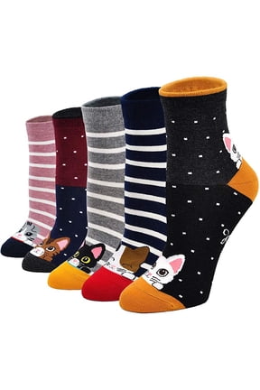 Cat Socks Womens Cute Animal Ankle Socks Novelty Funny Crew Sock Ladie Girls Soft Cotton Quarter Socks, 5 Pairs