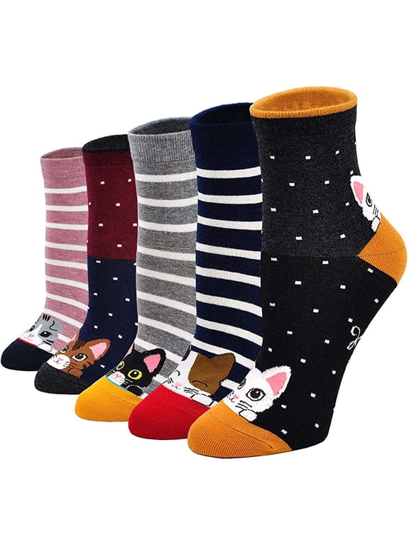 Cat Socks Womens Cute Animal Ankle Socks Novelty Funny Crew Sock Ladie Girls Soft Cotton Quarter Socks, 5 Pairs