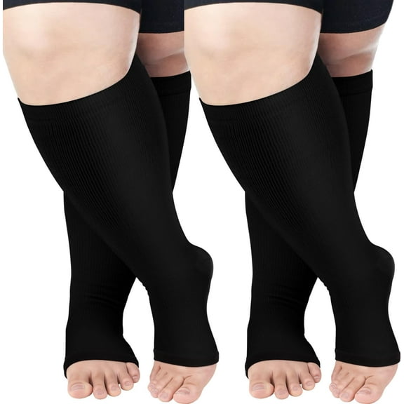AMITOFO Compression Socks for Women Wide Calf 2 Pairs Plus Size Toeless Compression Socks 20-30mmHg Knee High Support Stockings Open Toe for Medical | Circulation | Nurses | Running | Travel,Black 4XL