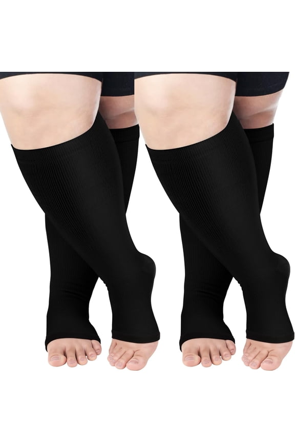 Compression Socks for Women Wide Calf 2 Pairs Plus Size Toeless Compression Socks 20-30mmHg Knee High Support Stockings Open Toe for Medical | Circulation | Nurses | Running | Travel,Black 2XL