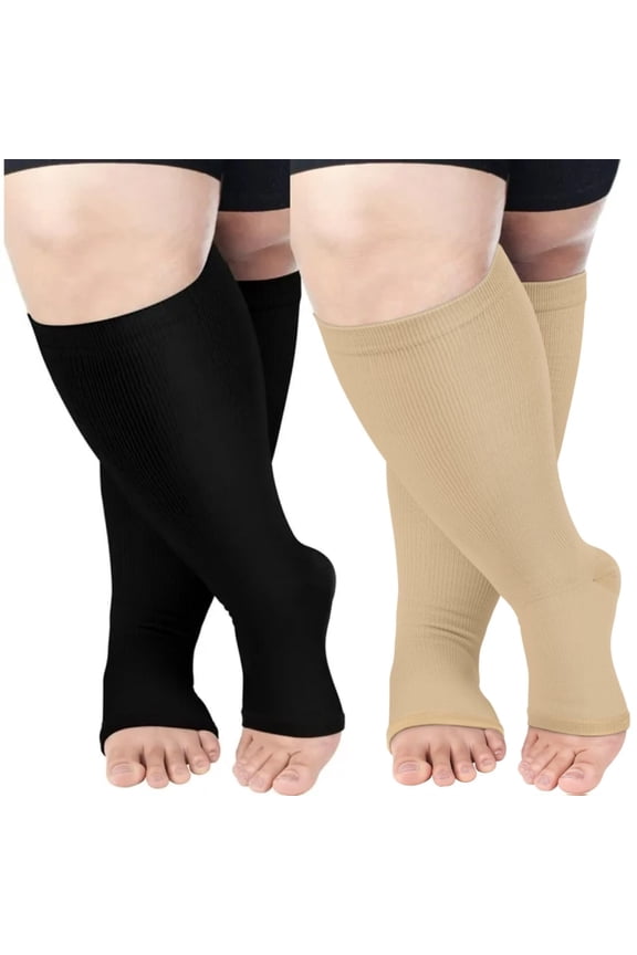 Compression Socks for Women Wide Calf 2 Pairs Plus Size Toeless Compression Socks 20-30mmHg Mens Knee High Support Stockings Open Toe | Circulation | Nurses | Running | Travel, 4XL