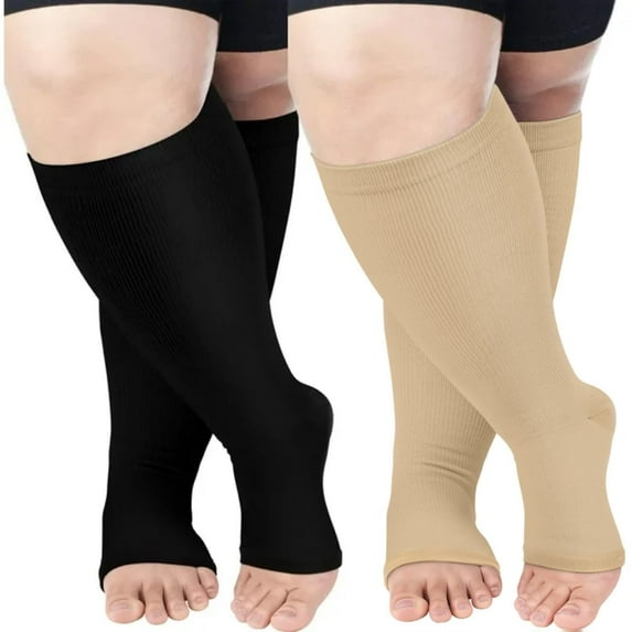 AMITOFO Compression Socks for Women Wide Calf 2 Pairs Plus Size Toeless Compression Socks 20-30mmHg Mens Knee High Support Stockings Open Toe | Circulation | Nurses | Running | Travel, 4XL