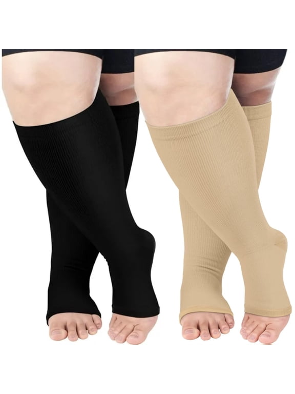 Compression Socks for Women Wide Calf 2 Pairs Plus Size Toeless Compression Socks 20-30mmHg Mens Knee High Support Stockings Open Toe | Circulation | Nurses | Running | Travel, 4XL