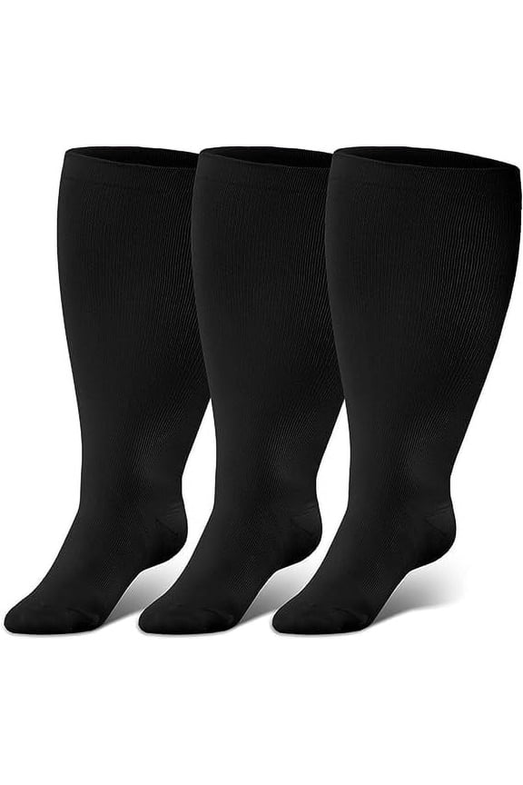 Compression Socks for Women Wide Calf 3 Pairs Men Circulation 20-30mmHg Plus Size Knee High Support Stockings for Medical | Circulation | Nurses | Running | Travel,Black 2XL