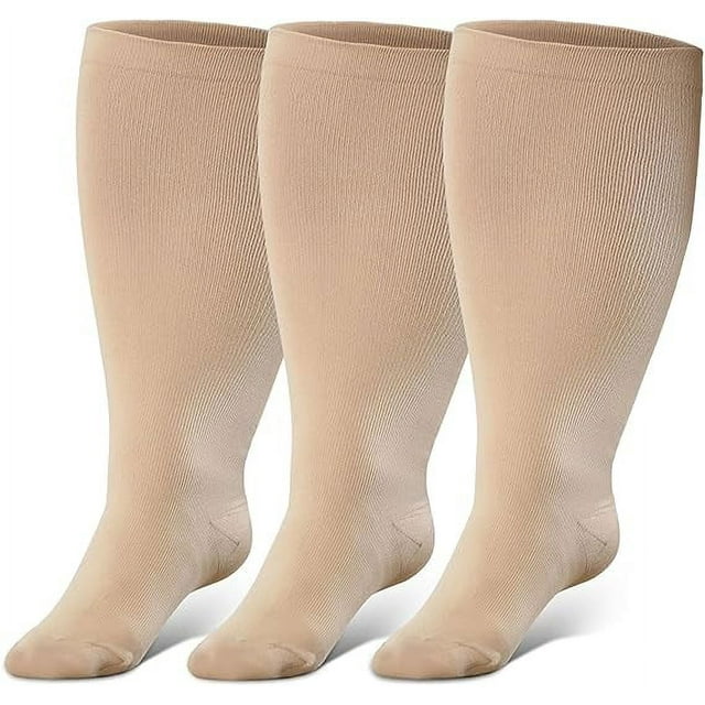 AMITOFO Compression Socks for Women Wide Calf 3 Pairs Men Circulation 20-30mmHg Plus Size Knee High Support Stockings for Medical | Circulation | Nurses | Running | Travel,Beige 2XL
