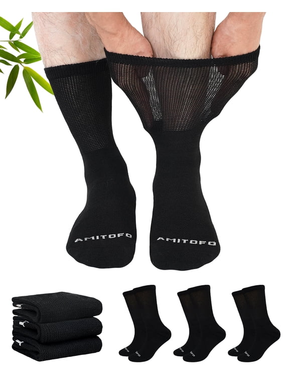 Diabetic Crew Socks for Men & Women —Bamboo Viscose Non-Binding Seamless Socks with Reinforced Heel & Toe , 3 Pairs,Size 11-13, Black
