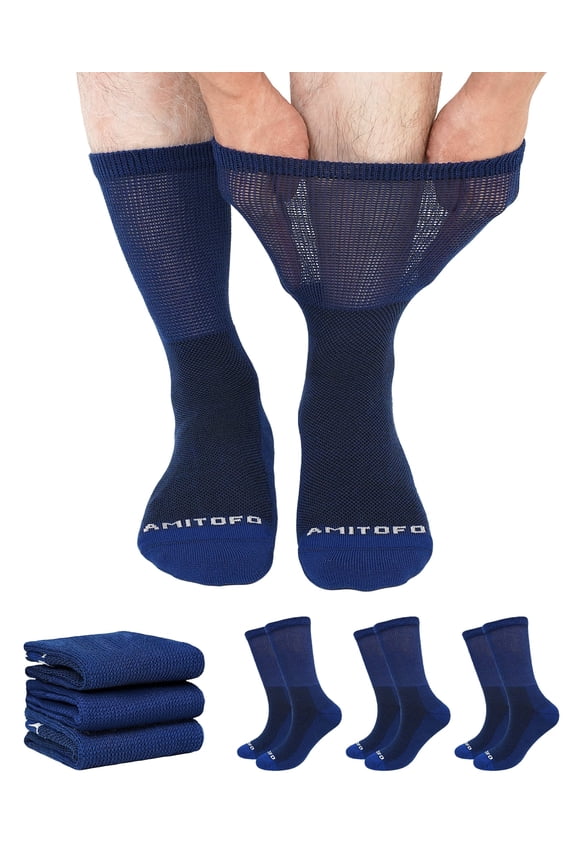 Diabetic Crew Socks for Men & Women —Bamboo Viscose Non-Binding Seamless Socks with Reinforced Heel & Toe , 3 Pairs ,Size 6-9, Blue