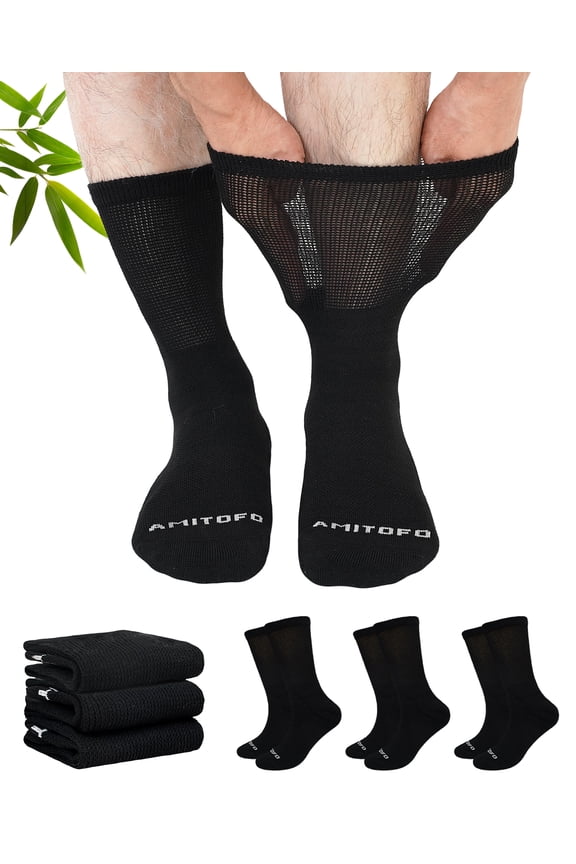 Diabetic Crew Socks for Men & Women —Bamboo Viscose Non-Binding Seamless Socks with Reinforced Heel & Toe , 3 Pairs,Size 9-11, Black