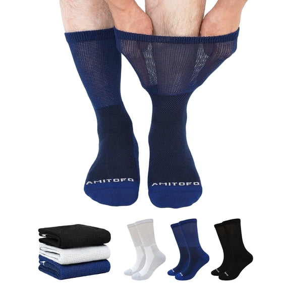 AMITOFO Diabetic Crew Socks for Men & Women —Bamboo Viscose Non-Binding Seamless Socks with Reinforced Heel & Toe , 3 Pairs,Size 9-11, Multi Color