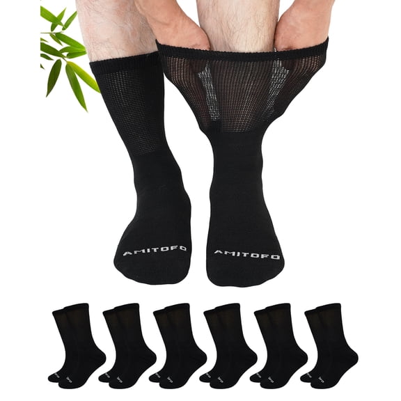 AMITOFO Diabetic Crew Socks for Men & Women —Bamboo Viscose Non-Binding Seamless Socks with Reinforced Heel & Toe , 6 Pairs,Size 11-13, Black